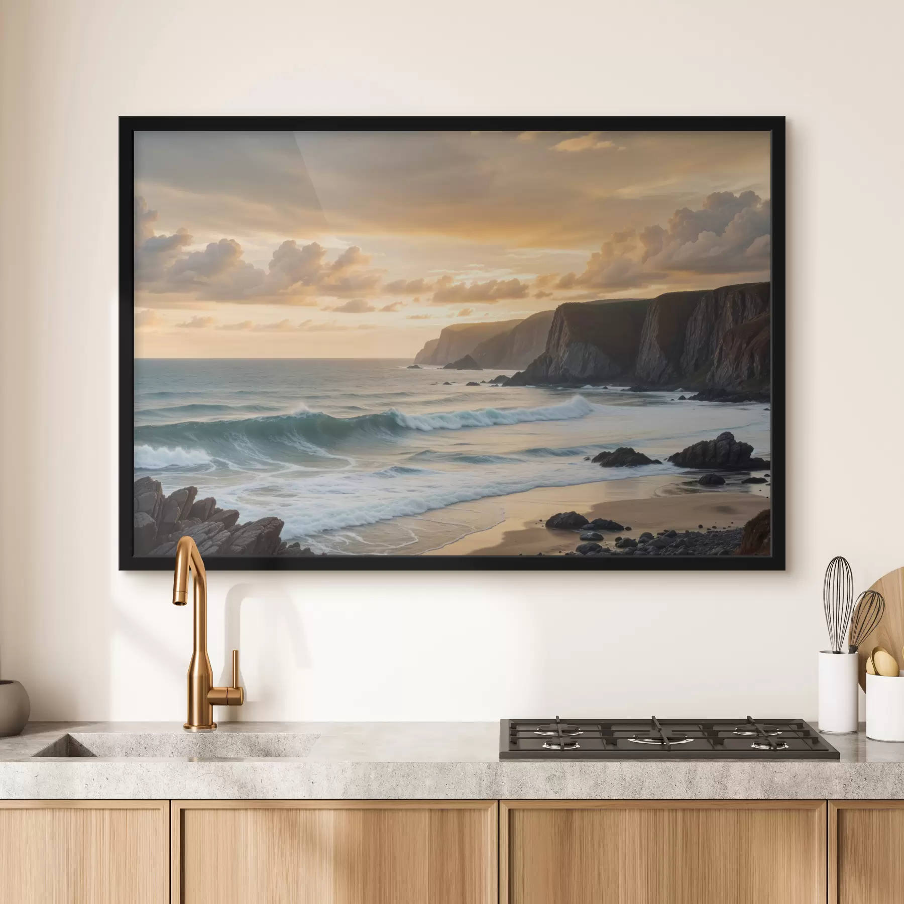 murales de pared Un pintoresco paisaje costero con espectaculares acantilados, olas rompientes y un cielo colorido al atardecer f40176