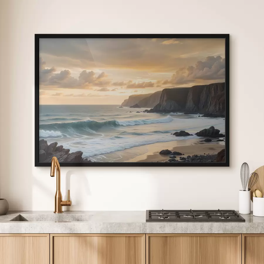 murales de pared Un pintoresco paisaje costero con espectaculares acantilados, olas rompientes y un cielo colorido al atardecer. f40176