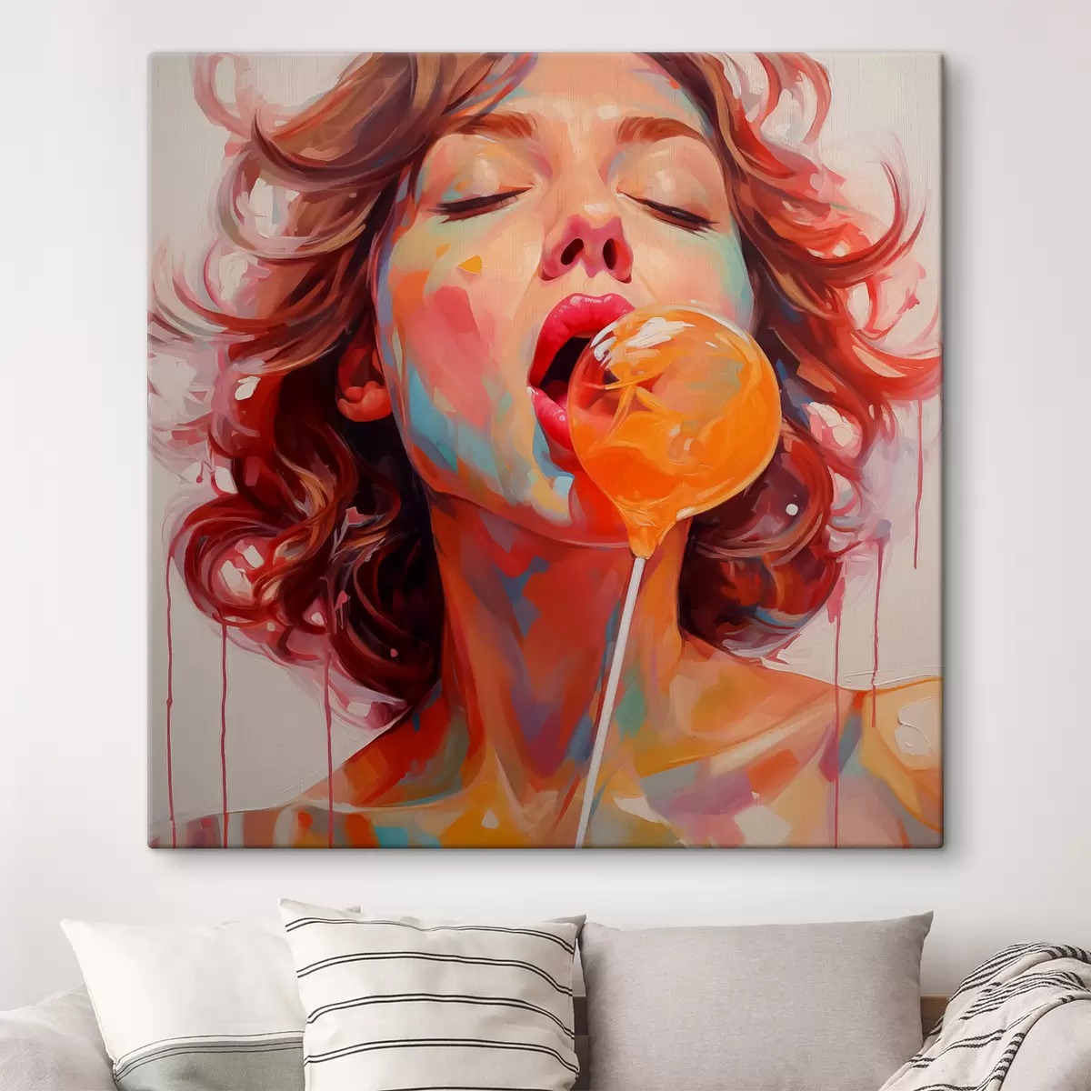 murales de pared Chica con cabello rizado en colores brillantes lame una piruleta s40213