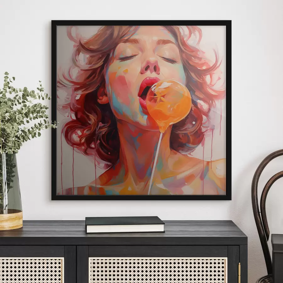 murales de pared Una niña con el pelo rizado en tonos claros lame una piruleta f40213