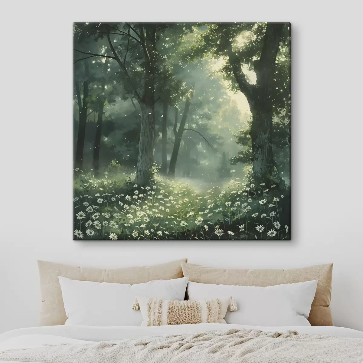 murales de pared Bosque denso con luz solar en los árboles, flores de manzanilla, hierba verde, naturaleza. s40224