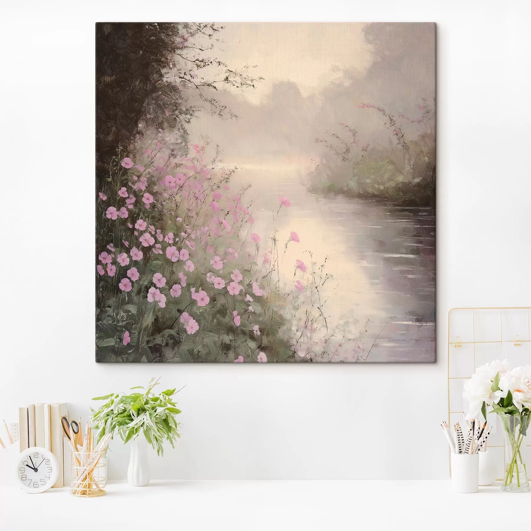 murales de pared Lago con flores rosas, amanecer, dibujo al óleo, colores beige pastel, niebla s40229
