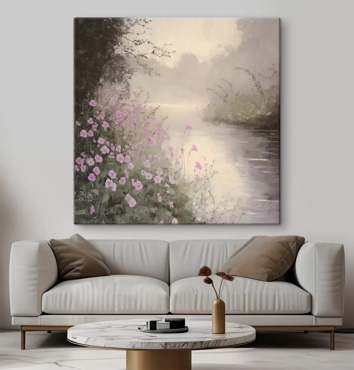 murales de pared Lago con flores rosas, amanecer, dibujo al óleo, colores beige pastel, niebla s40229