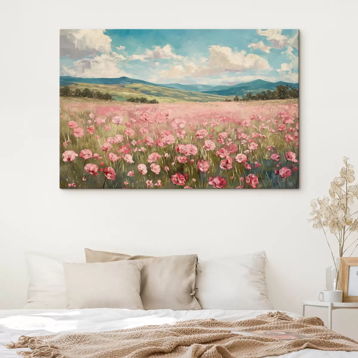 murales de pared Prado con flores rosas, montañas, paisaje natural, cielo azul con nubes, acrílico  s40232