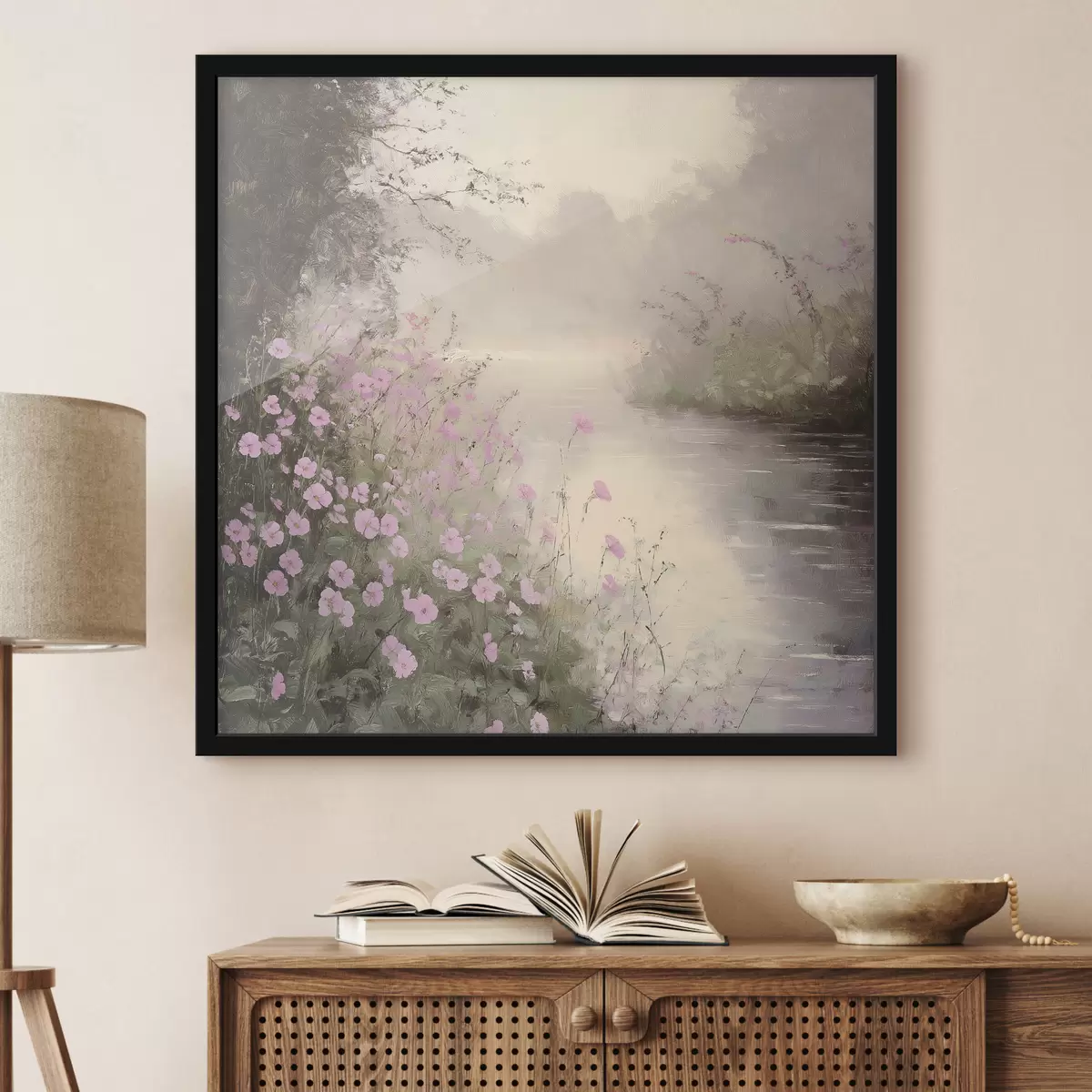 Poster Lago con flores rosas, amanecer, dibujo al óleo, colores beige pastel, niebla f40229