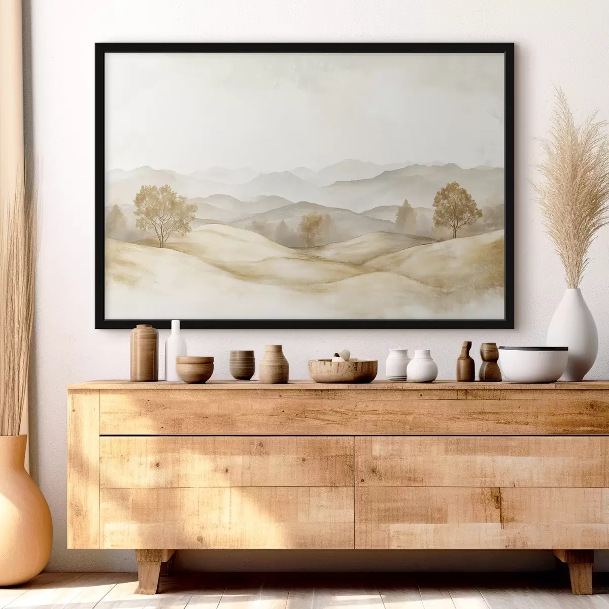 Poster Paisaje natural en paleta de colores beige, prado, árboles, dibujo de acuarela. f40231