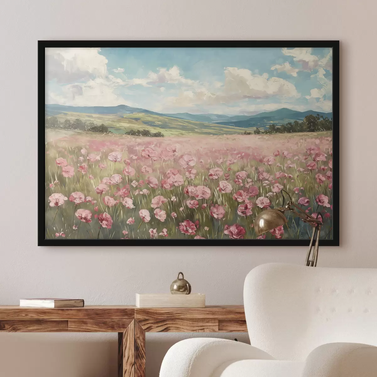 Poster Prado con flores rosas, montañas, paisaje natural, cielo azul con nubes, acrílico f40232