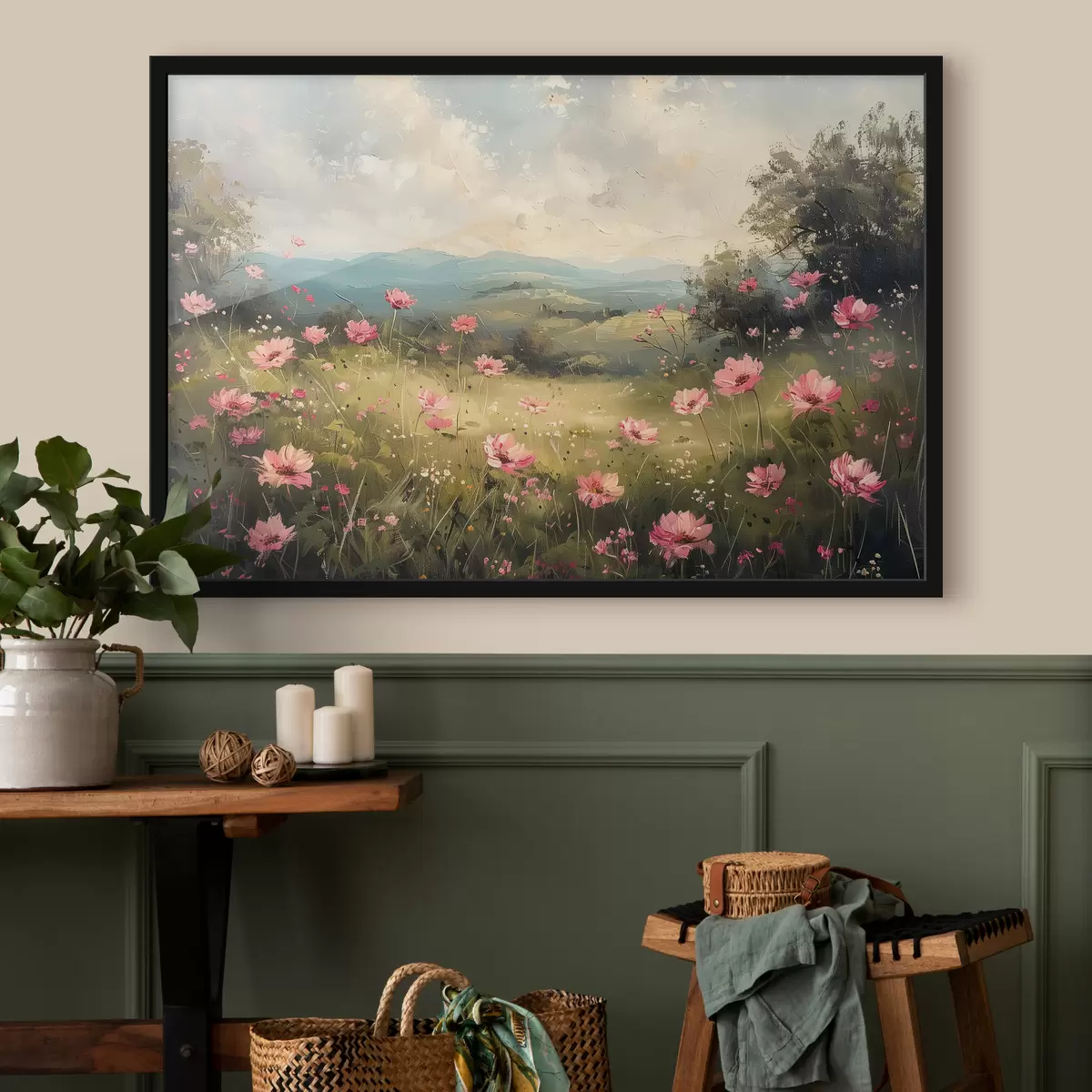 Poster Prado con flores rosas, hierba verde, paisaje natural, cielo con nubes, dibujo acrílico f40234