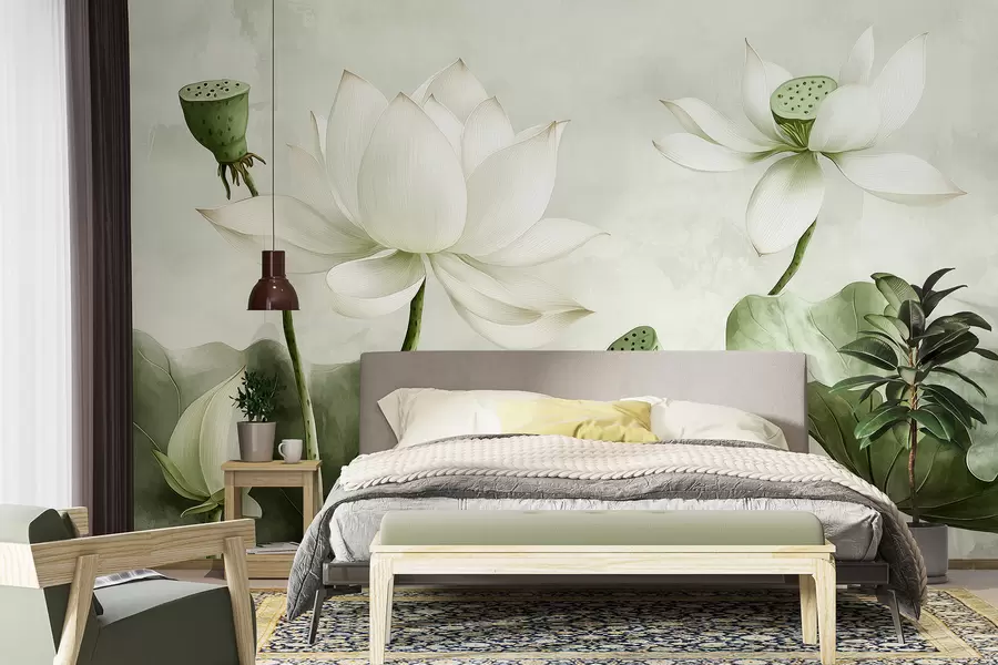 murales de pared Flores de loto, acuarela, naturaleza, composición floral, hojas grandes, colores verdes suaves w01445v2
