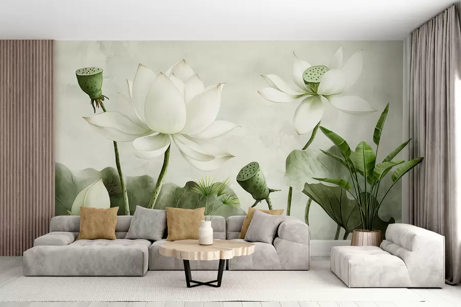 murales de pared Flores de loto, acuarela, naturaleza, composición floral, hojas grandes, colores verdes suaves w01445v2