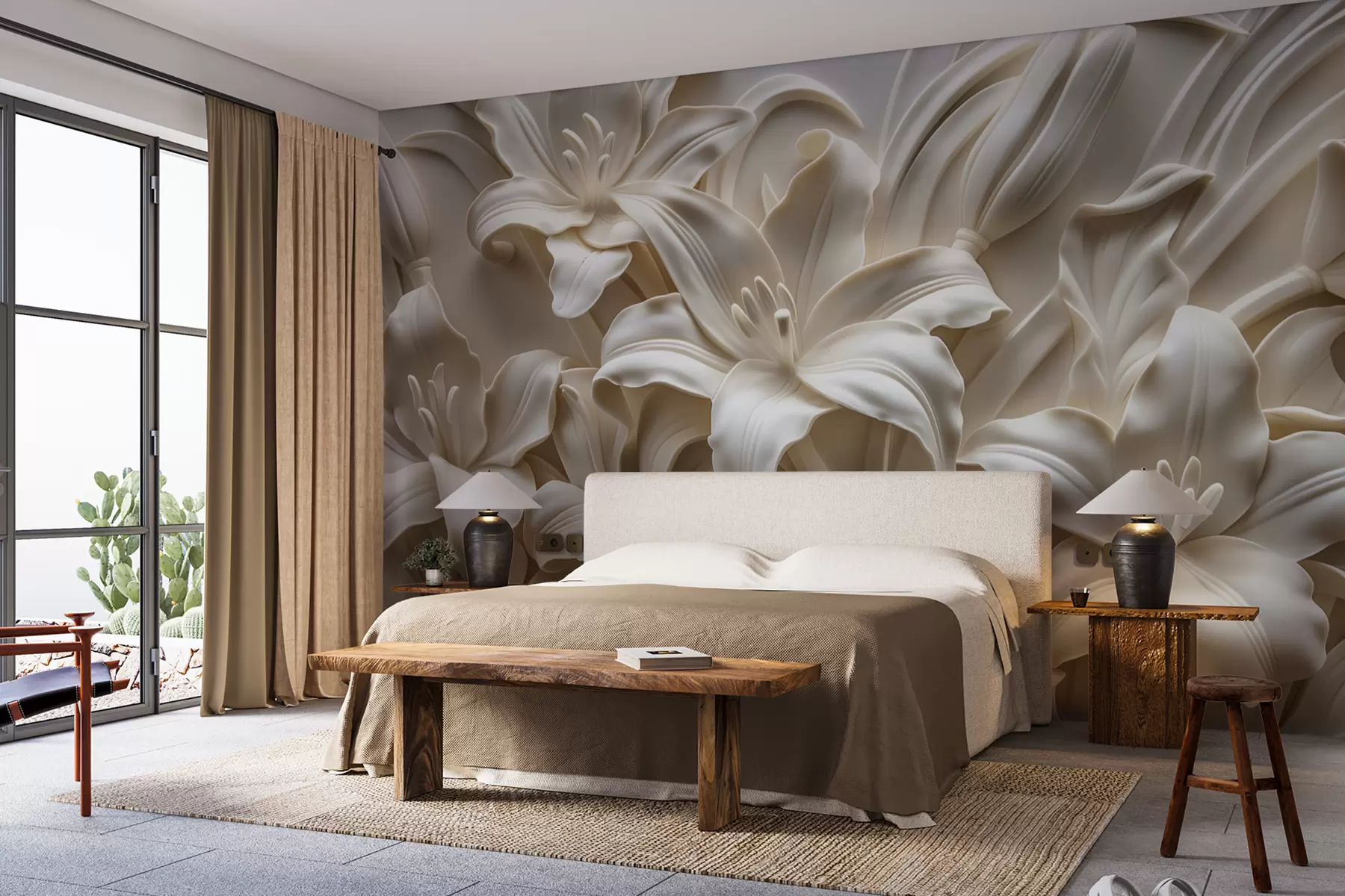 murales de pared Elegante relieve tridimensional de color beige de lirios tallados w01433