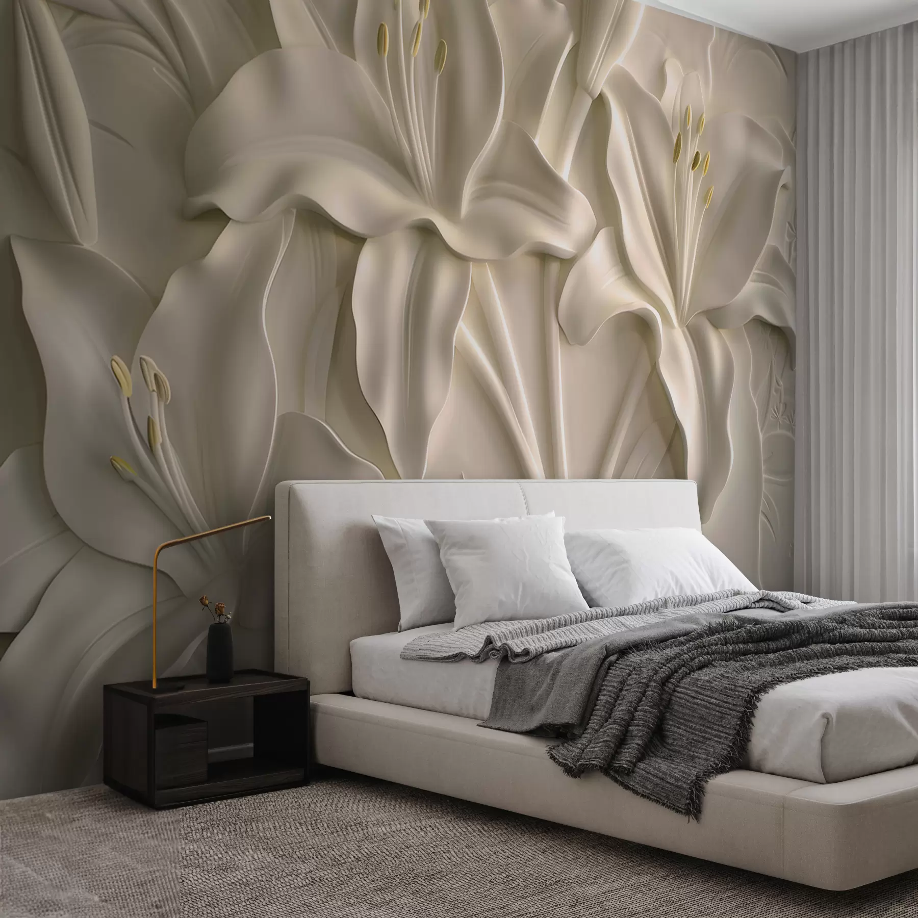 murales de pared Bajorrelieve de grandes lirios beige w01434
