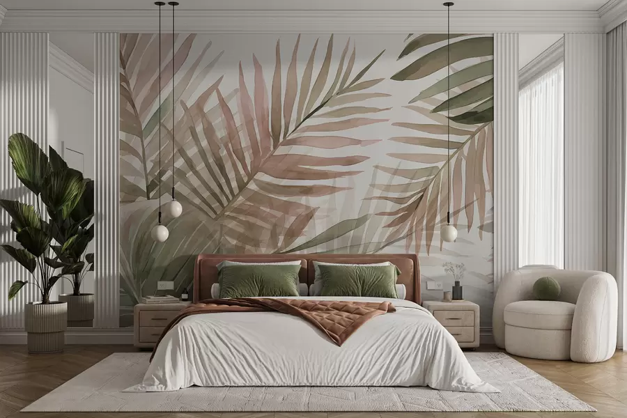murales de pared Hojas de palmera en acuarela en varios tonos de verde y rosa sobre un fondo claro w08218