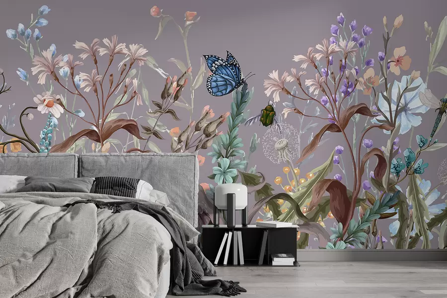 murales de pared Una colorida ilustración violeta de una escena de jardín exuberante y florido con insectos en un estilo fantástico y onírico w08234v1