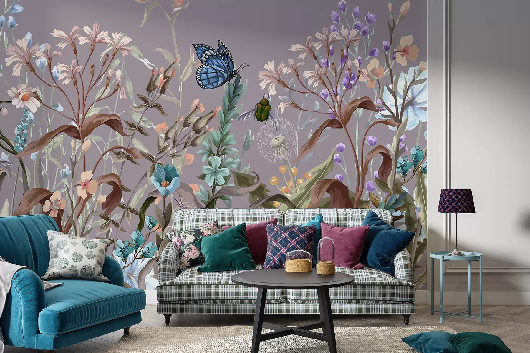 murales de pared Una colorida ilustración violeta de una escena de jardín exuberante y florido con insectos en un estilo fantástico y onírico w08234v1