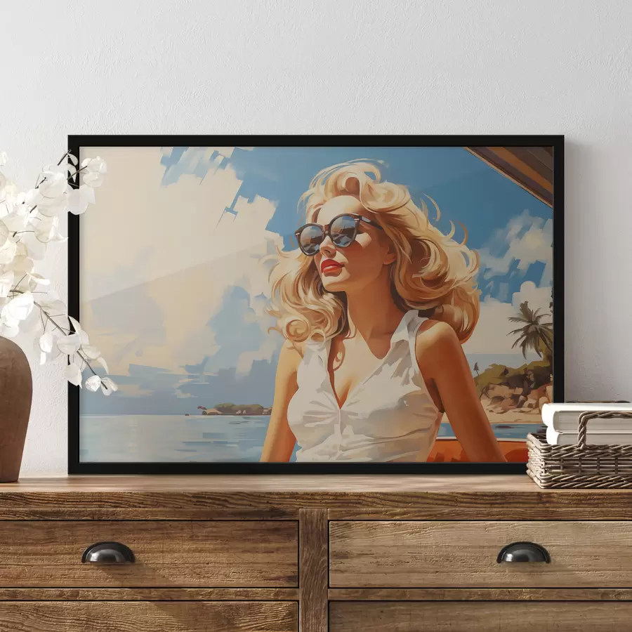 murales de pared Ilustración de fondo de chica rubia en el mar f40321