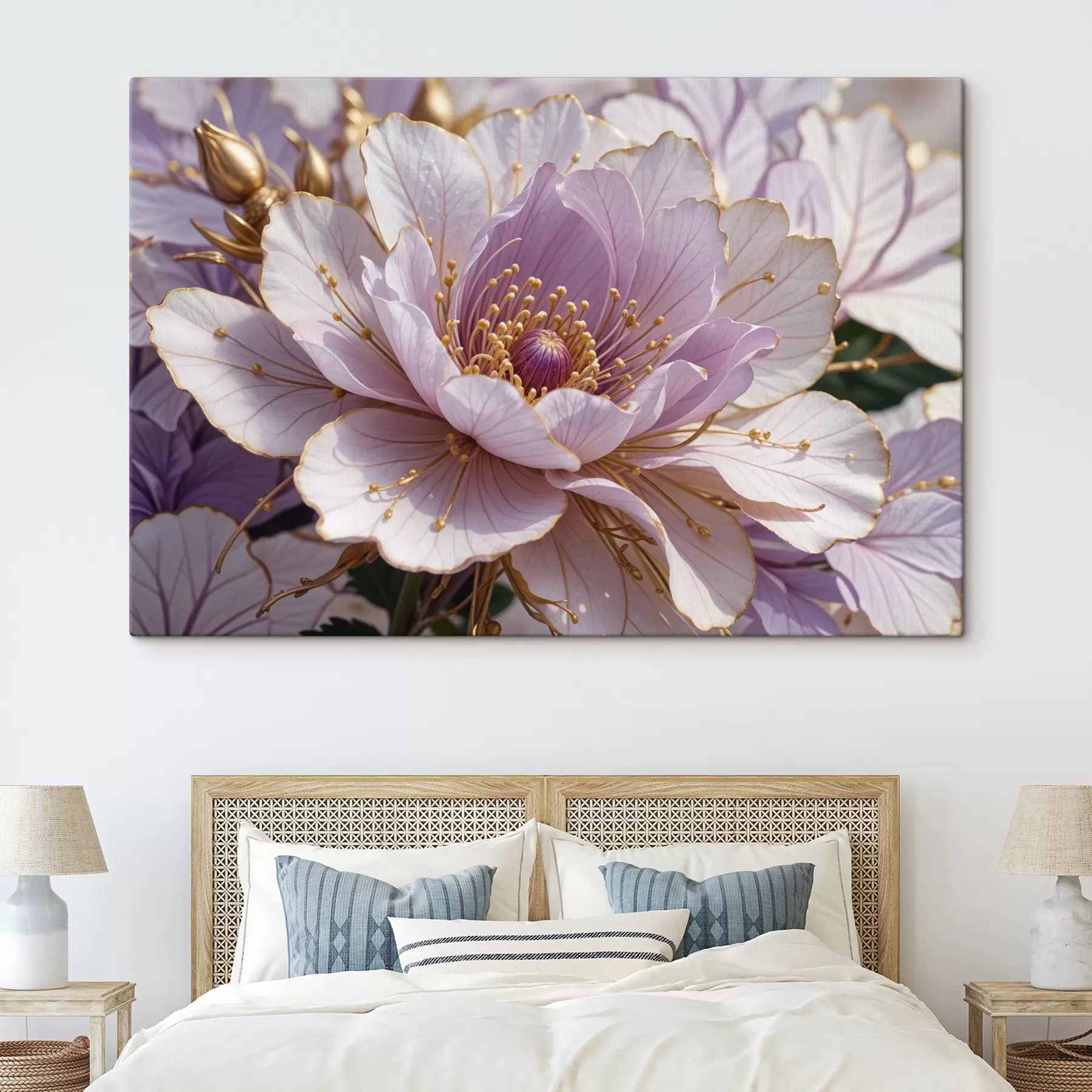 murales de pared Un primer plano de una gran flor de peonía de color rosa pálido con pétalos delicados y un centro de color amarillo brillante. s40384