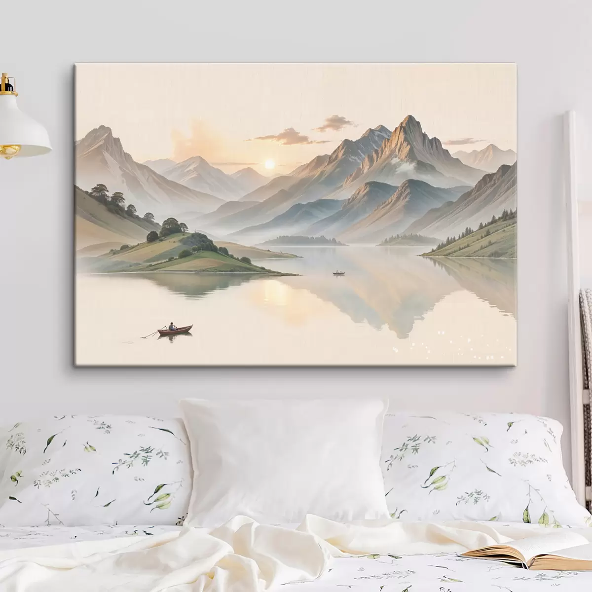 murales de pared Un paisaje sereno con un lago que refleja las montañas en el fondo con un pequeño bote en el agua tranquila. s40391