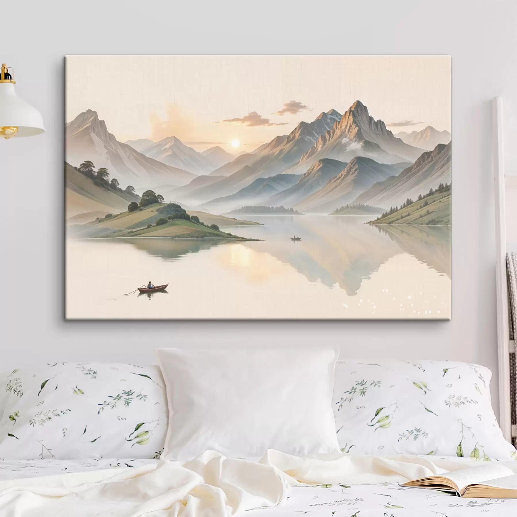 murales de pared Un paisaje sereno con un lago que refleja las montañas en el fondo con un pequeño bote en el agua tranquila. s40391