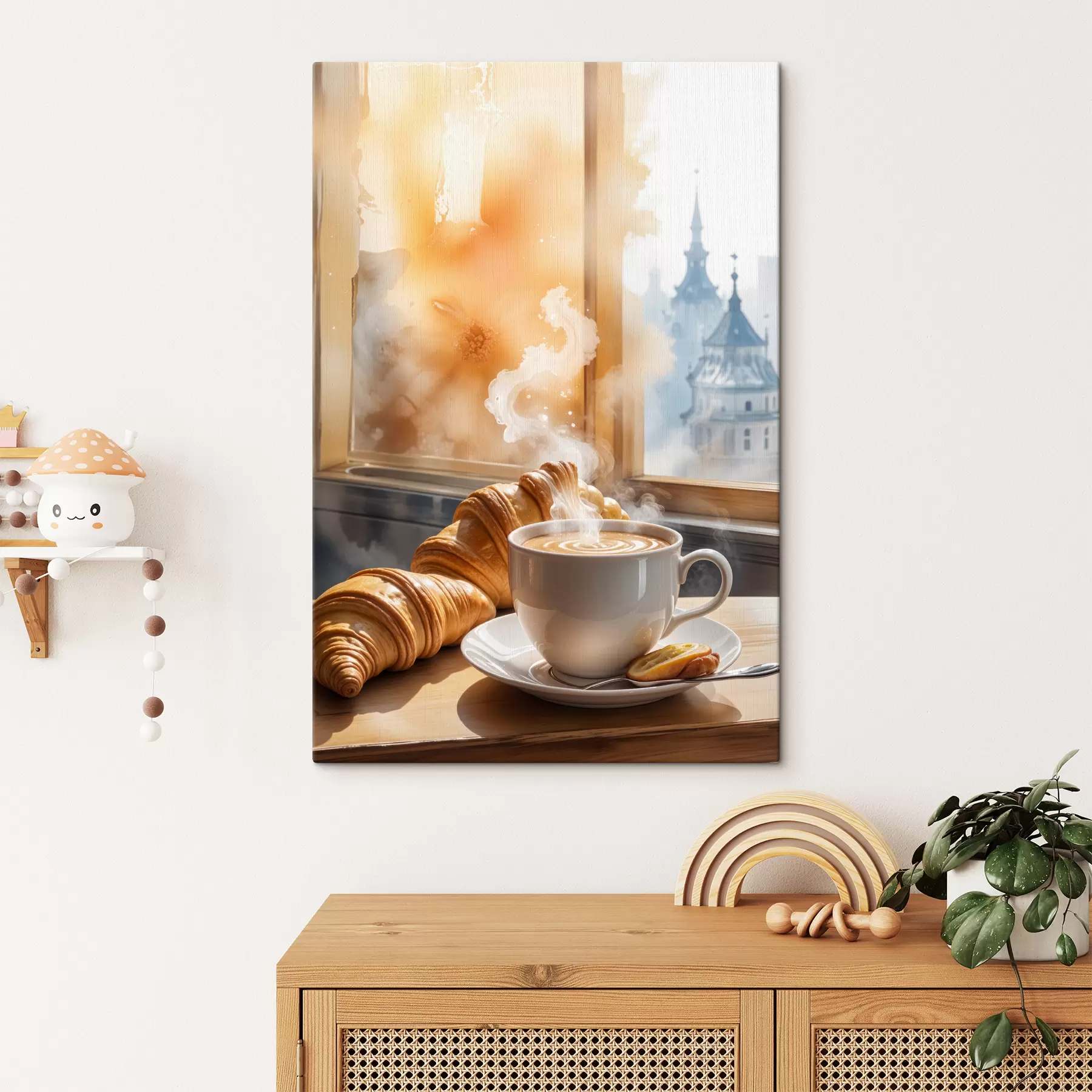 murales de pared Una taza de café caliente con vapor elevándose, colocada sobre una mesa junto a un croissant, con vista a un edificio histórico.  s40405