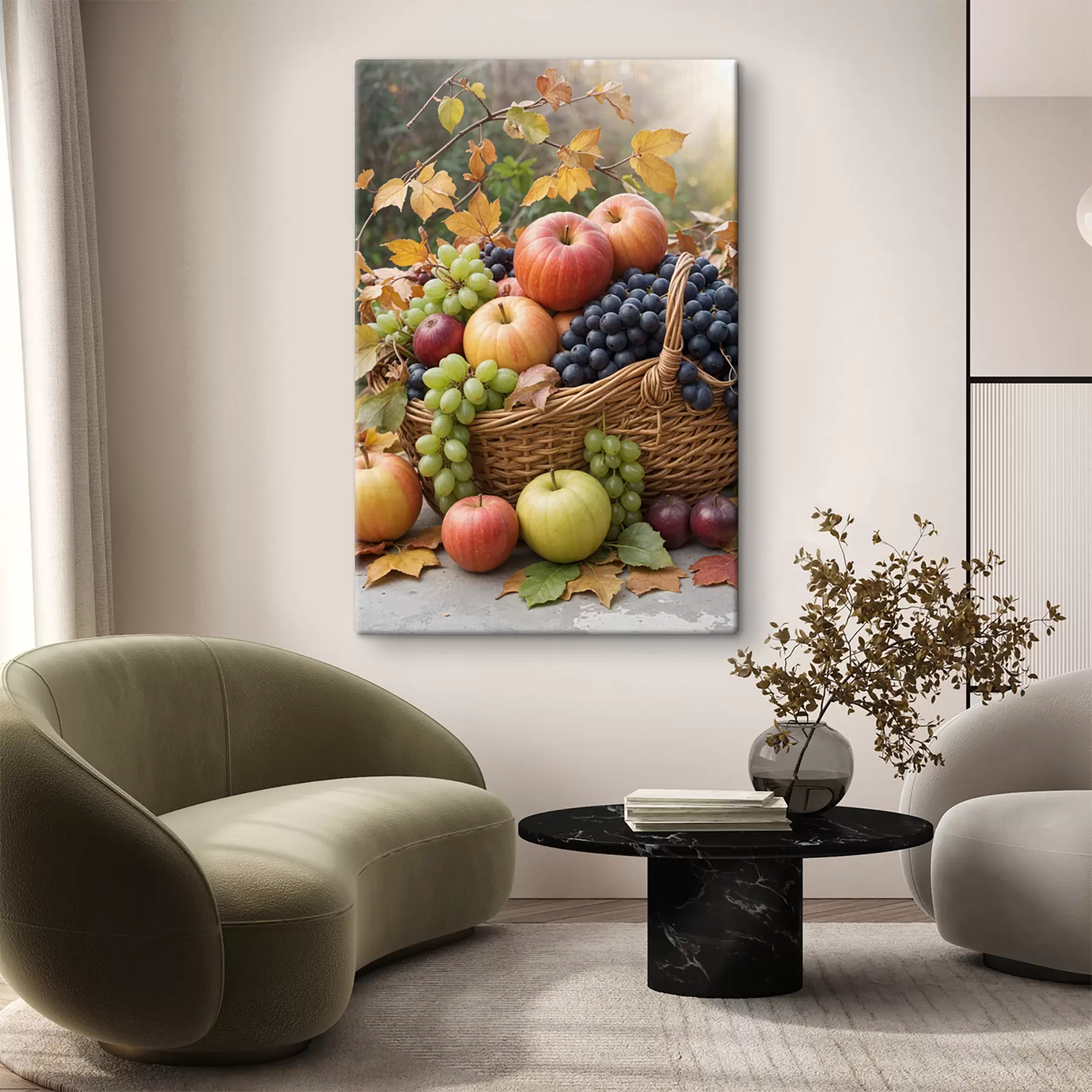 murales de pared Una canasta llena de diversas frutas de otoño, incluidas manzanas, uvas y peras, rodeadas de hojas caídas. s40409