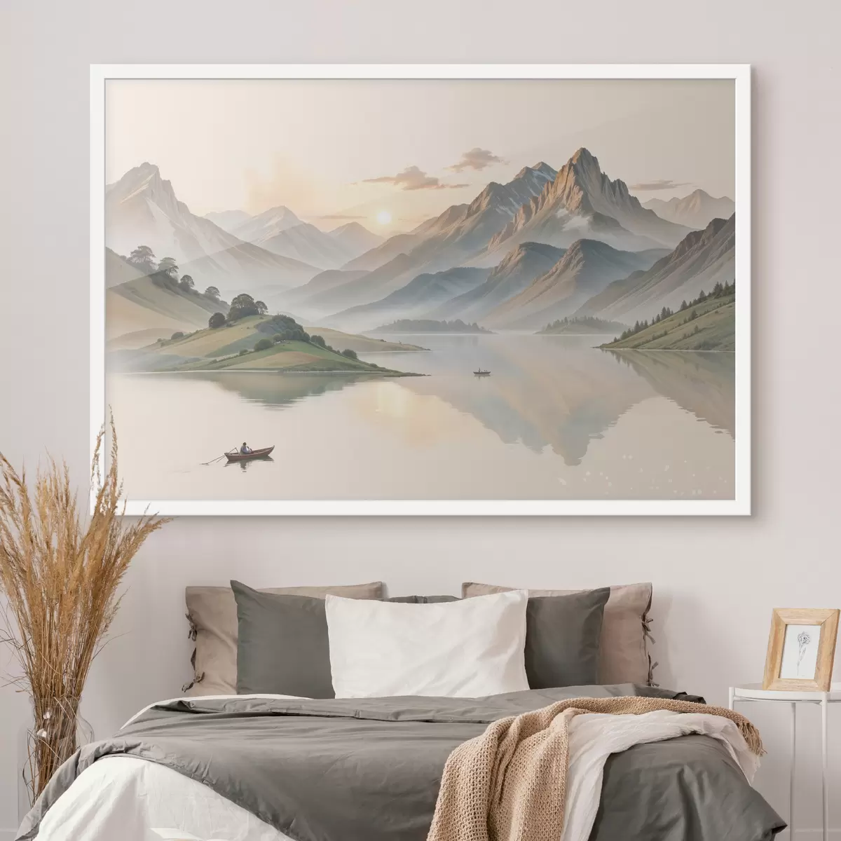 Poster Un paisaje sereno con un lago que refleja las montañas en el fondo con un pequeño bote en el agua tranquila. f40391