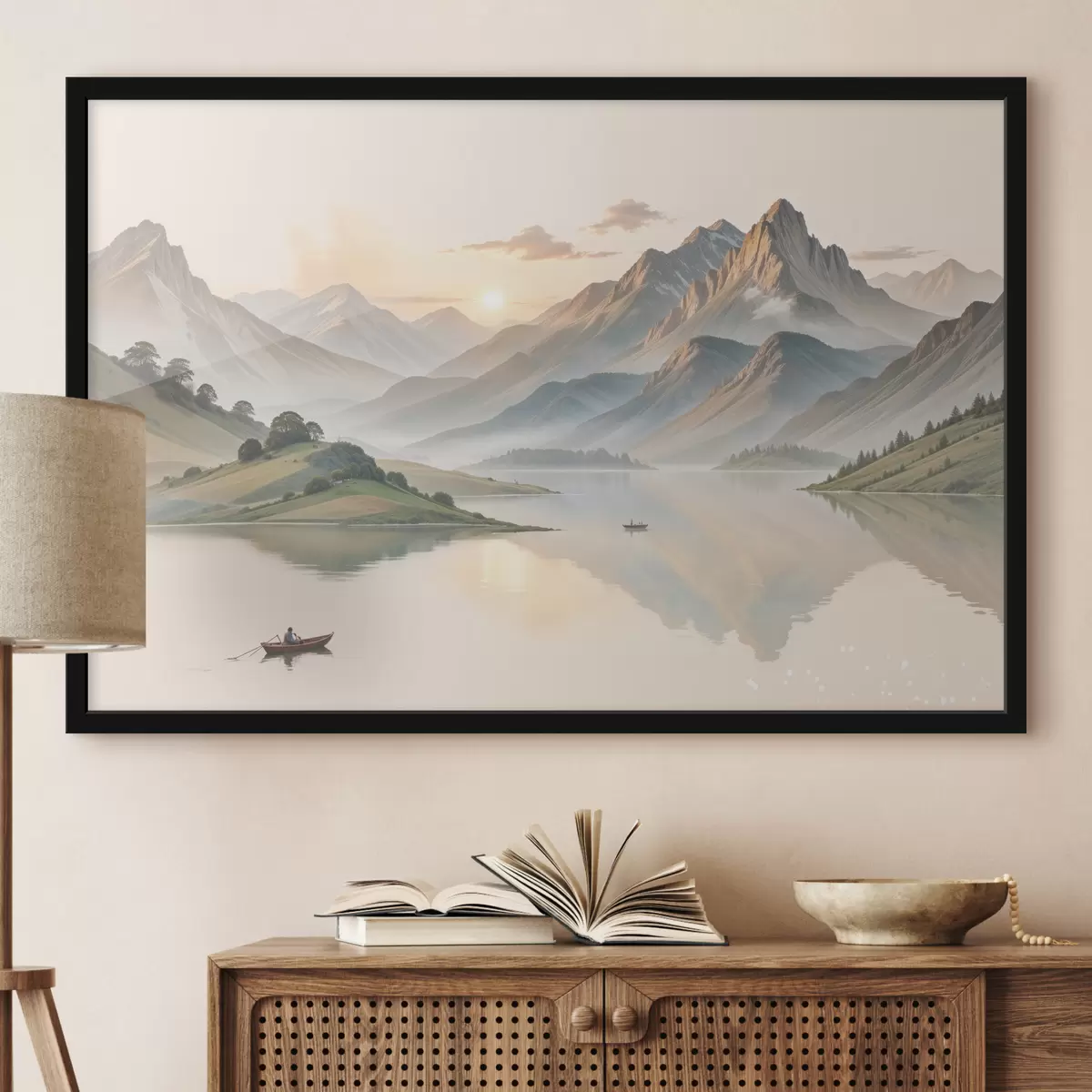 Poster Un paisaje sereno con un lago que refleja las montañas en el fondo con un pequeño bote en el agua tranquila. f40391