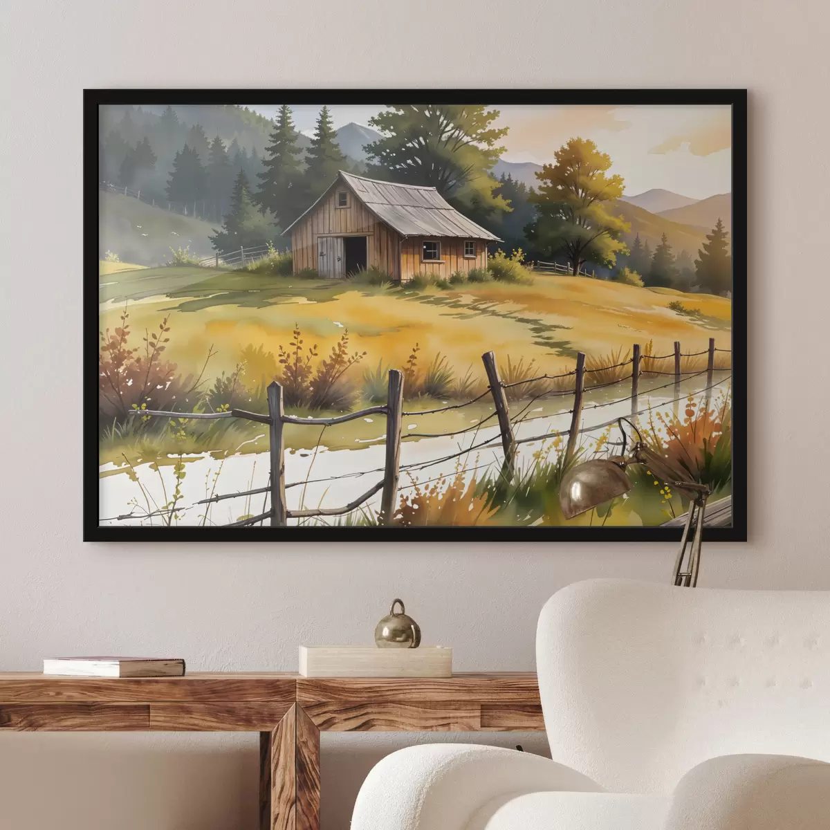 Poster Una antigua casa de madera en un entorno rural, rodeada de un campo de hierba, pinos y montañas. f40394