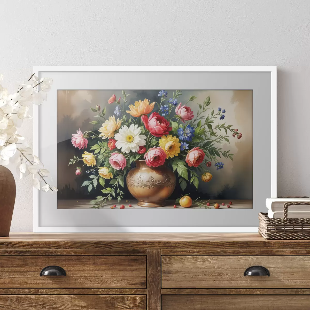 Poster Una pintura vibrante de un ramo de flores coloridas que incluye rosas rojas, narcisos amarillos y margaritas blancas f40395