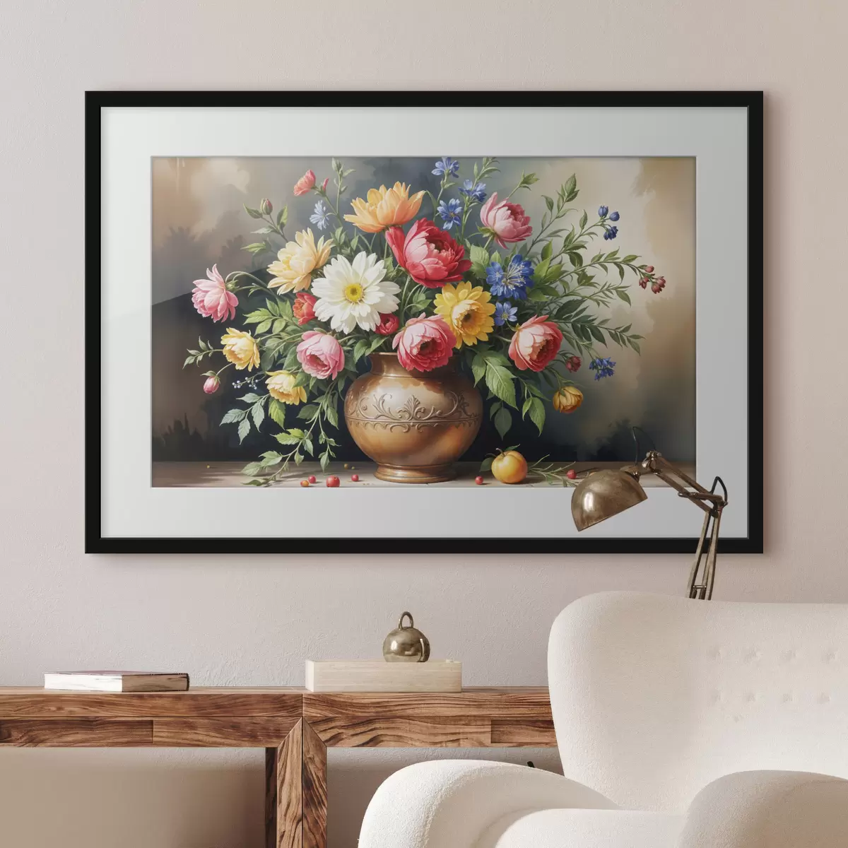 Poster Una pintura vibrante de un ramo de flores coloridas que incluye rosas rojas, narcisos amarillos y margaritas blancas f40395