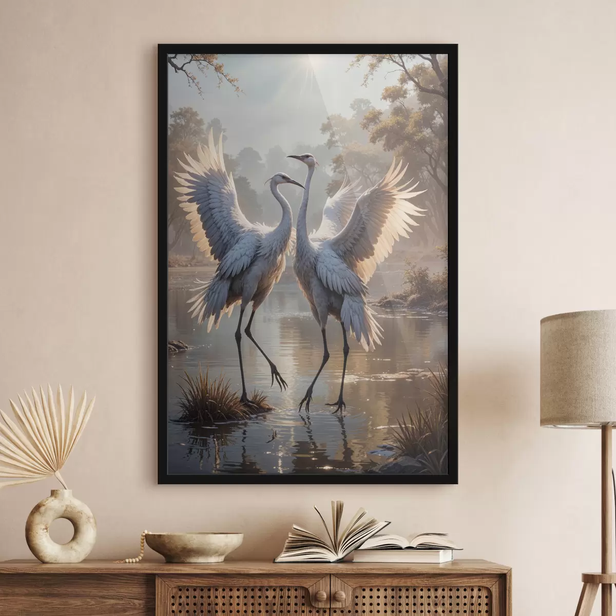 Poster Dos grandes grullas grises con cuellos largos y alas extendidas de pie en un lago brumoso rodeado de árboles. f40404