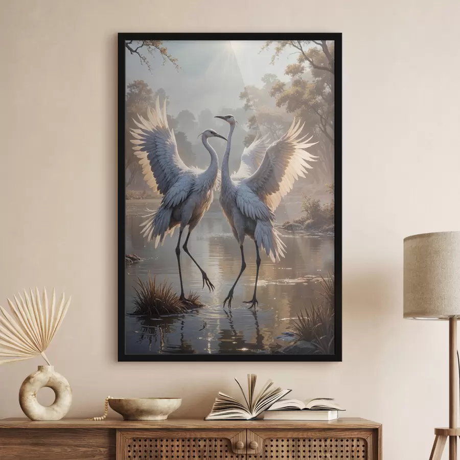 murales de pared Dos grandes grullas grises con cuellos largos y alas extendidas de pie en un lago brumoso rodeado de árboles. f40404