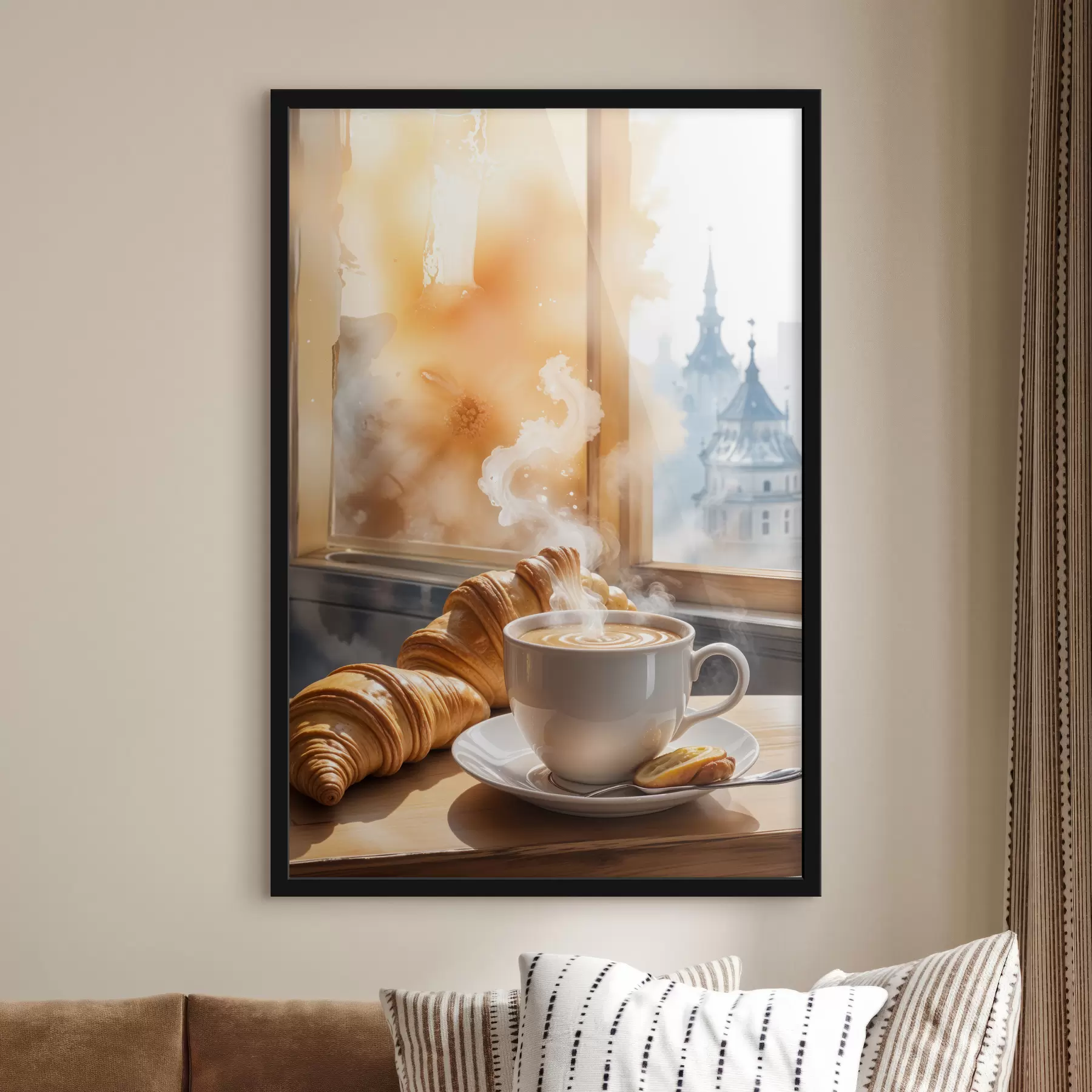 murales de pared Una taza de café caliente con vapor elevándose, colocada sobre una mesa junto a un croissant, con vista a un edificio histórico. f40405