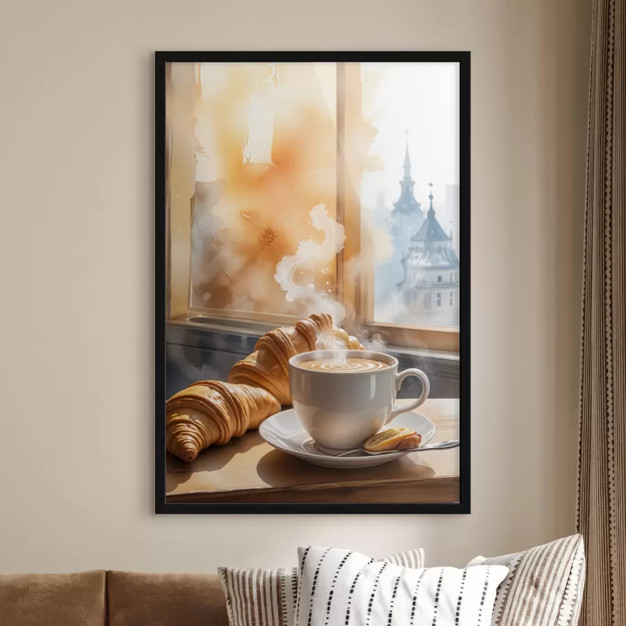 murales de pared Una taza de café caliente con vapor elevándose, colocada sobre una mesa junto a un croissant, con vista a un edificio histórico. f40405