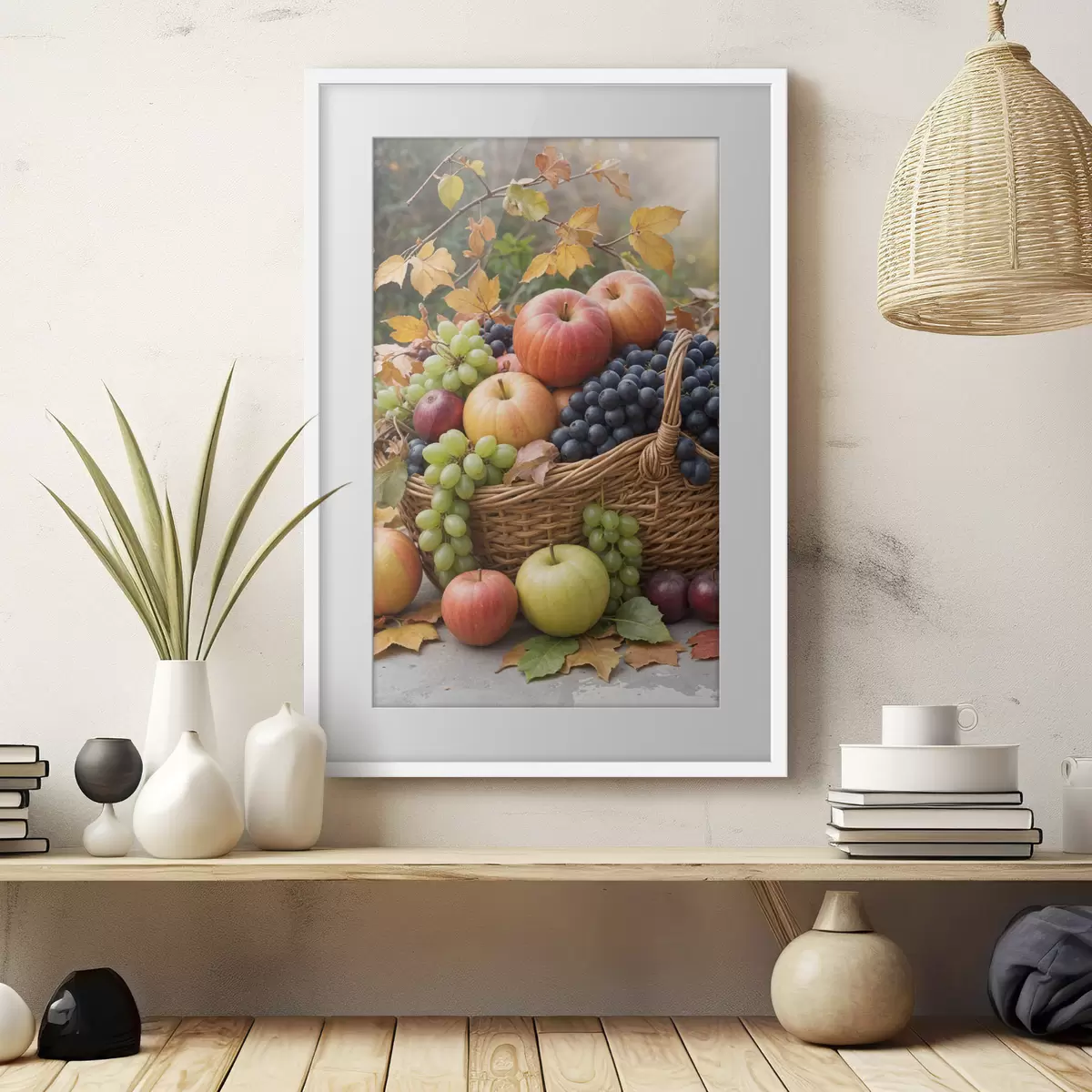 Poster Una canasta llena de diversas frutas de otoño, incluidas manzanas, uvas y peras, rodeadas de hojas caídas f40409