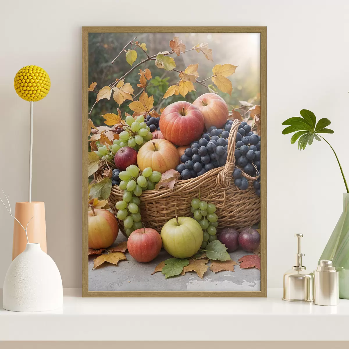 Poster Una canasta llena de diversas frutas de otoño, incluidas manzanas, uvas y peras, rodeadas de hojas caídas f40409