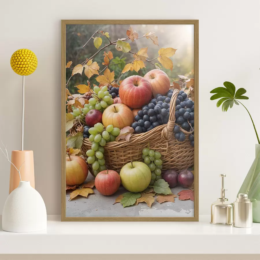 murales de pared Una canasta llena de diversas frutas de otoño, incluidas manzanas, uvas y peras, rodeadas de hojas caídas f40409