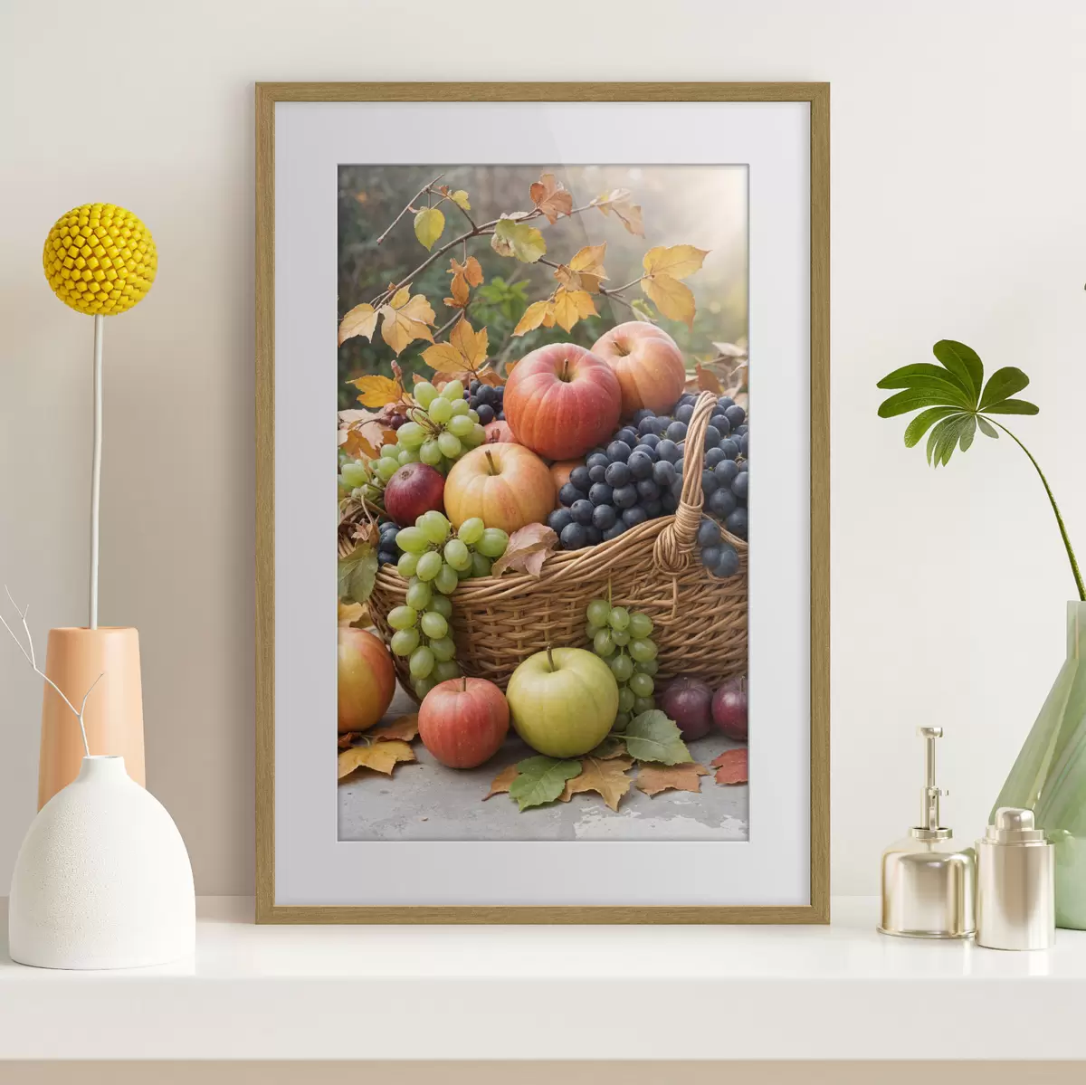 Poster Una canasta llena de diversas frutas de otoño, incluidas manzanas, uvas y peras, rodeadas de hojas caídas f40409