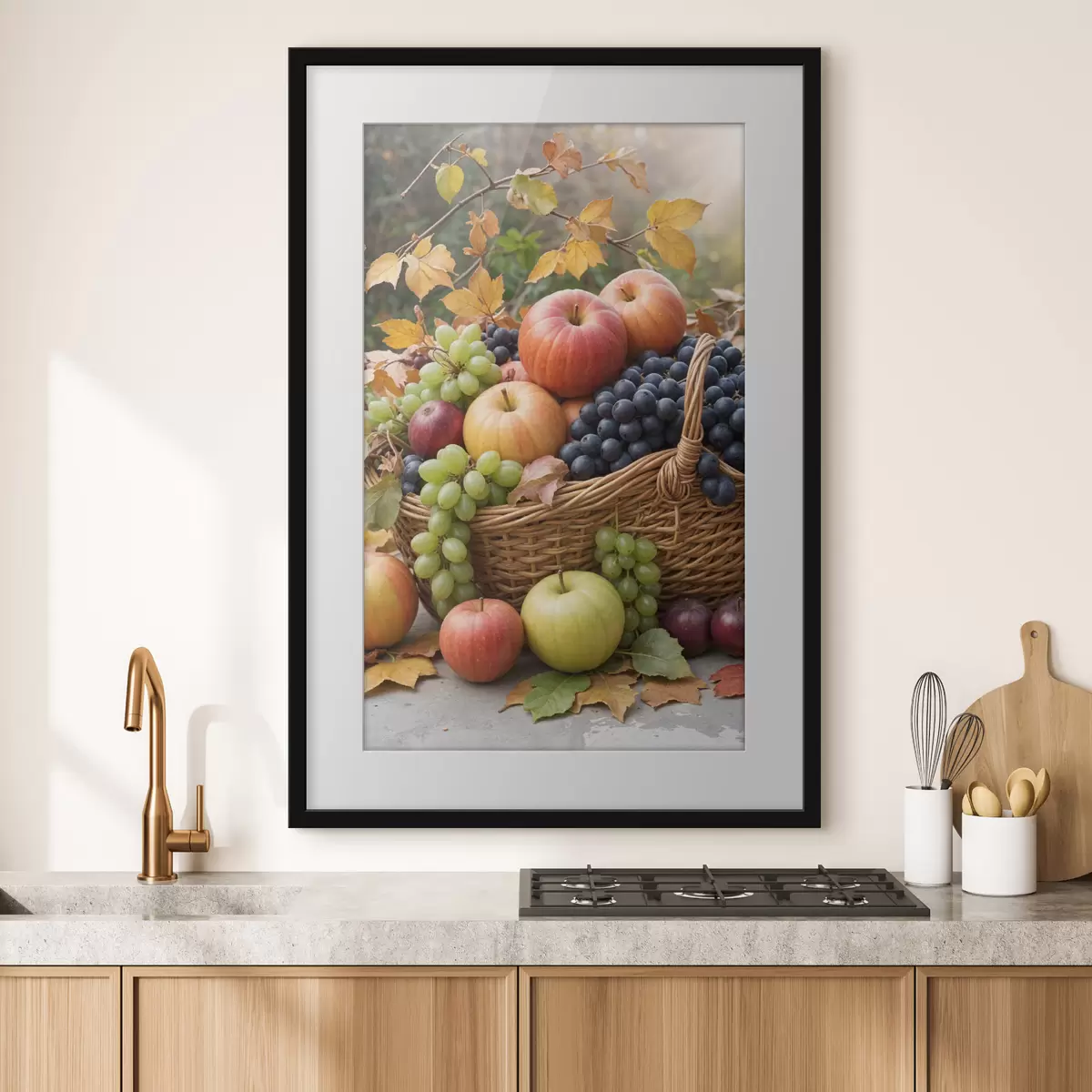 Poster Una canasta llena de diversas frutas de otoño, incluidas manzanas, uvas y peras, rodeadas de hojas caídas f40409
