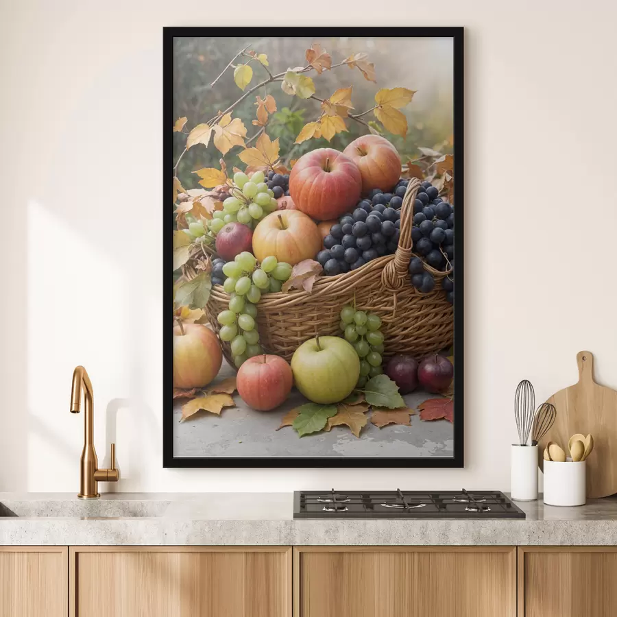 murales de pared Una canasta llena de diversas frutas de otoño, incluidas manzanas, uvas y peras, rodeadas de hojas caídas. f40409