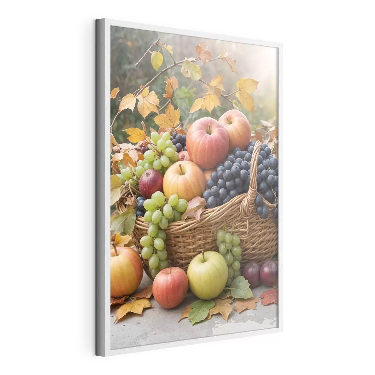 Poster Una canasta llena de diversas frutas de otoño, incluidas manzanas, uvas y peras, rodeadas de hojas caídas f40409