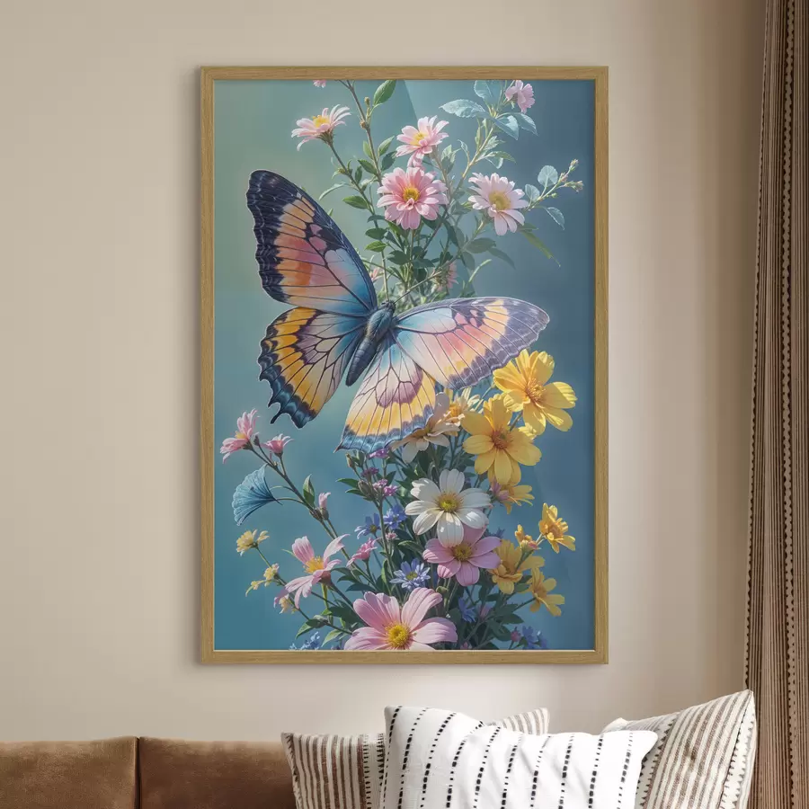 murales de pared Una mariposa grande y colorida posada en un ramo de flores rosas y amarillas sobre un fondo verde oscuro f40411