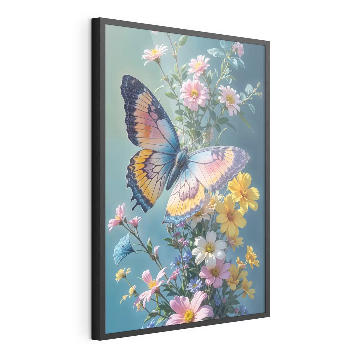Poster Una mariposa grande y colorida posada en un ramo de flores rosas y amarillas sobre un fondo verde oscuro f40411