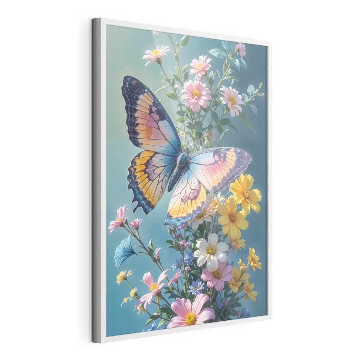Poster Una mariposa grande y colorida posada en un ramo de flores rosas y amarillas sobre un fondo verde oscuro f40411