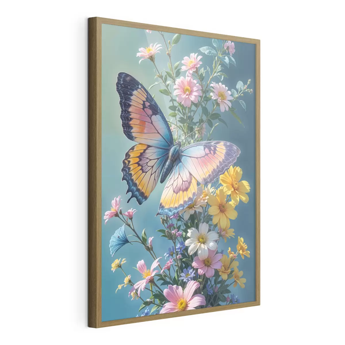 Poster Una mariposa grande y colorida posada en un ramo de flores rosas y amarillas sobre un fondo verde oscuro f40411