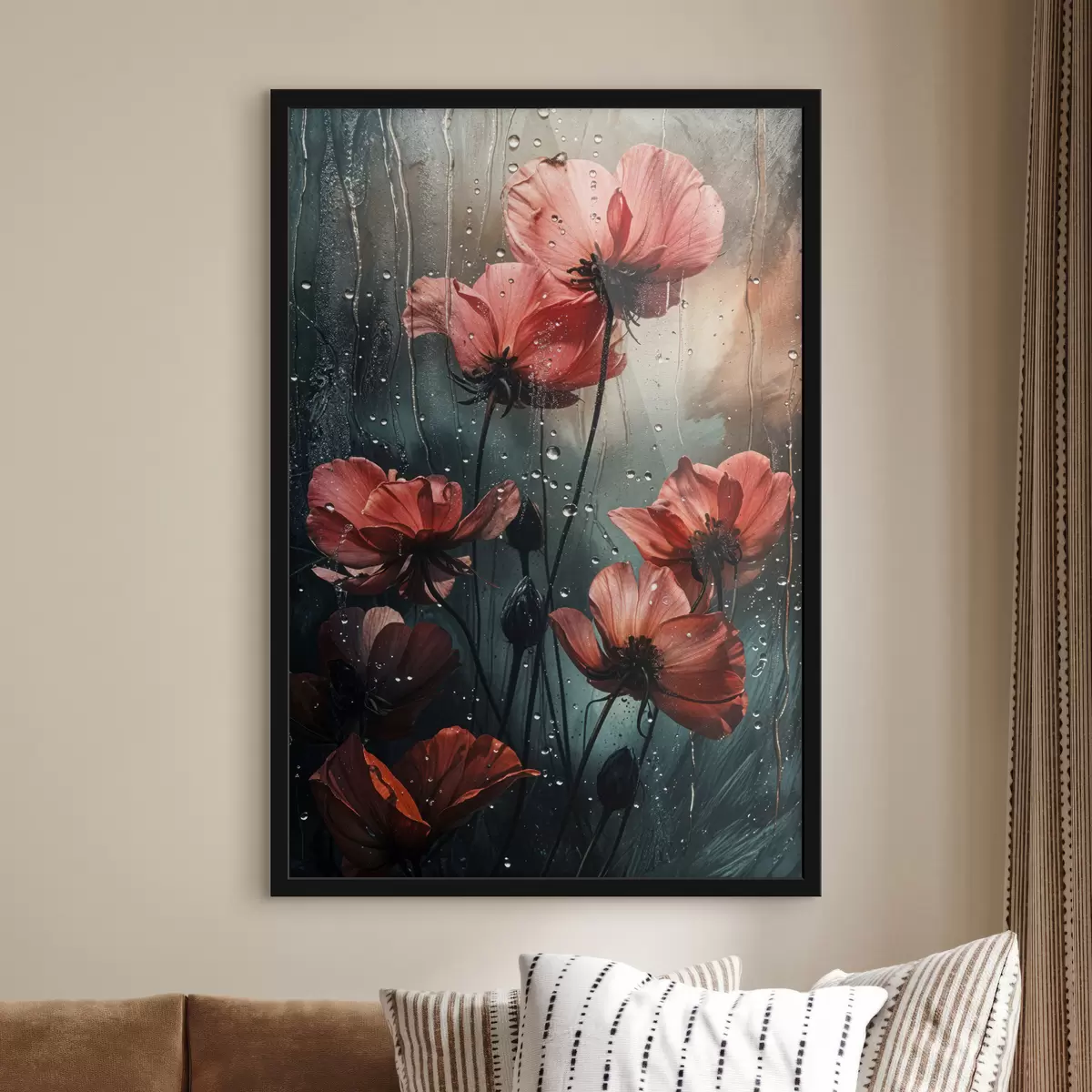 Poster Flores rojas con gotas de agua sobre un fondo borroso f40412