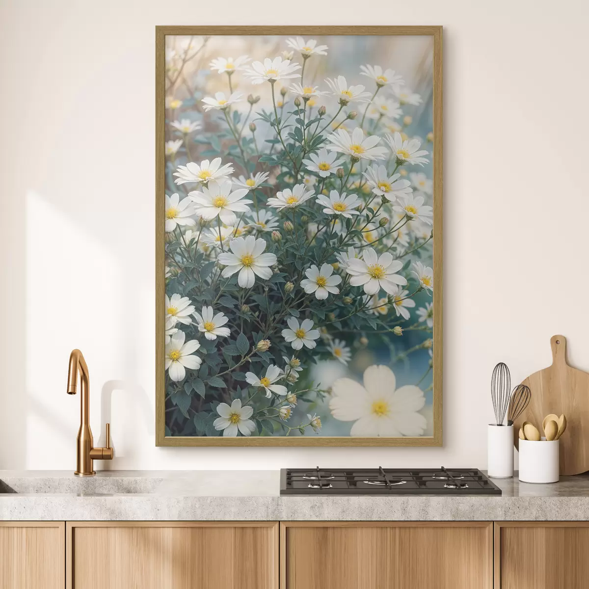 Poster Un campo de flores de margaritas blancas con follaje verde, sobre un fondo borroso f40413