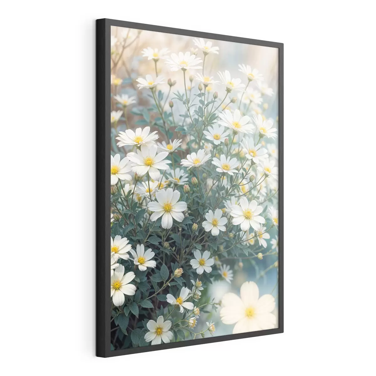 Poster Un campo de flores de margaritas blancas con follaje verde, sobre un fondo borroso f40413