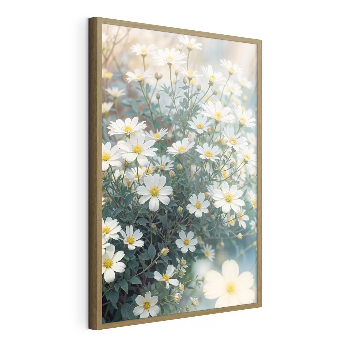 Poster Un campo de flores de margaritas blancas con follaje verde, sobre un fondo borroso f40413