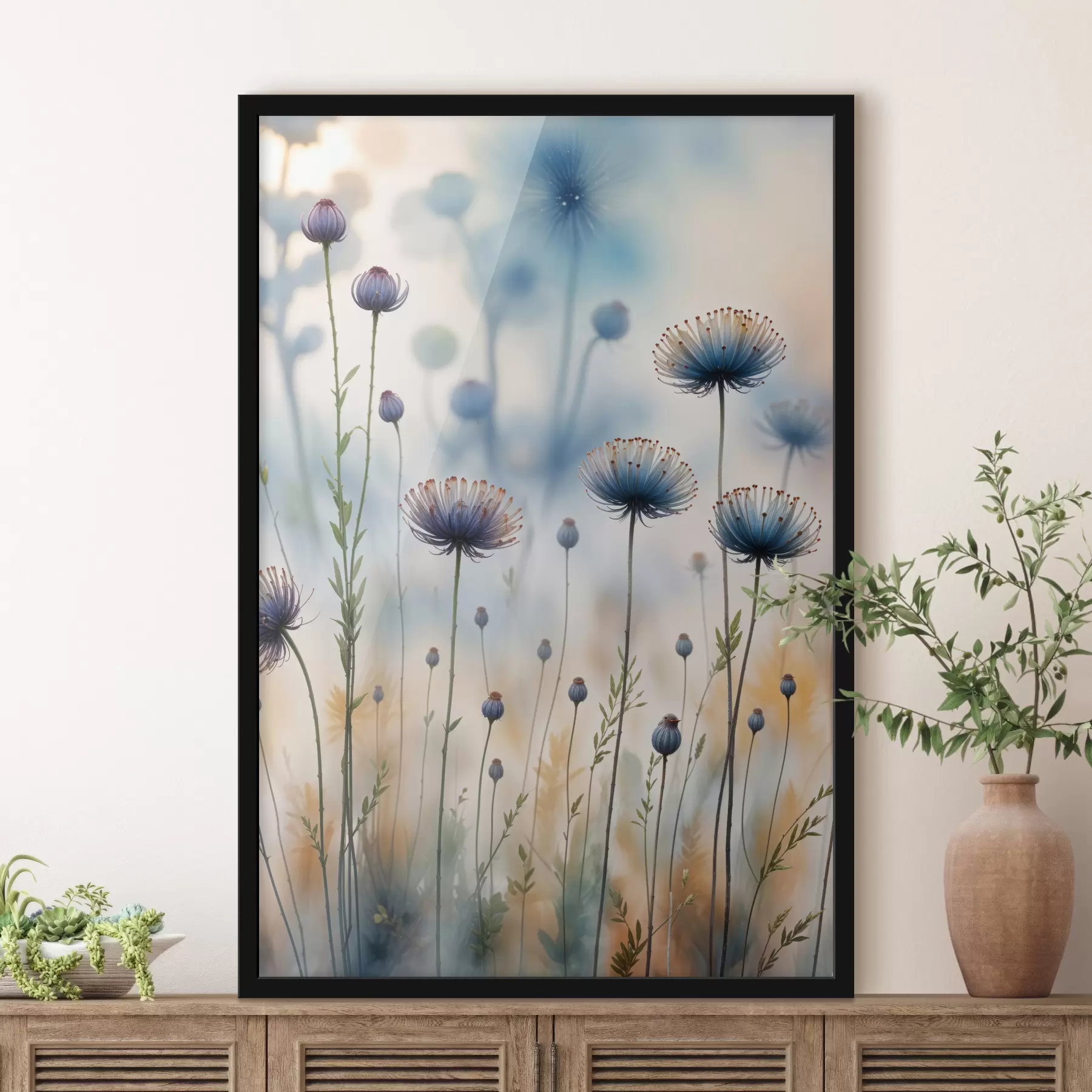 murales de pared Flores altas de color púrpura similares a dientes de león con fondo borroso, creando una atmósfera serena y de ensueño f40414